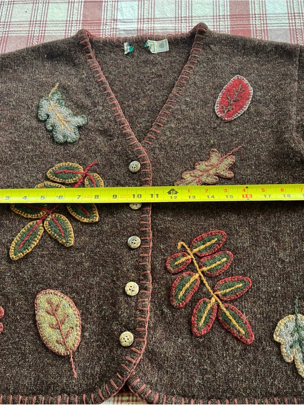 Vintage LL Bean Brown Wool Cardigan With Autumn Leaf Appliqué 100% Wool - Picture 10 of 10